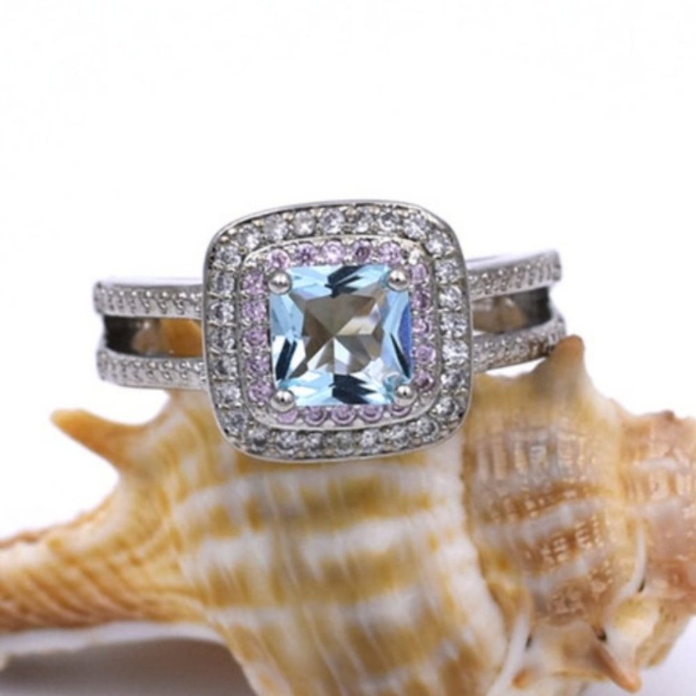 New Silver Blue Princess Cut Double Pink Halo Ring - Picture 3 of 5